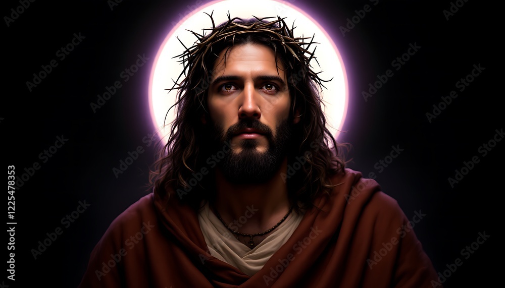 Fototapeta premium A portrait of a man with long hair and a beard, wearing a robe and a crown of thorns, with a solemn expression on his face, surrounded by a glowing halo.