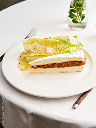 A beautifully plated gourmet dish includes layers of fresh vegetables, creamy sauce, and garnishes. The setting features a white tablecloth and a decorative vase, creating a refined atmosphere