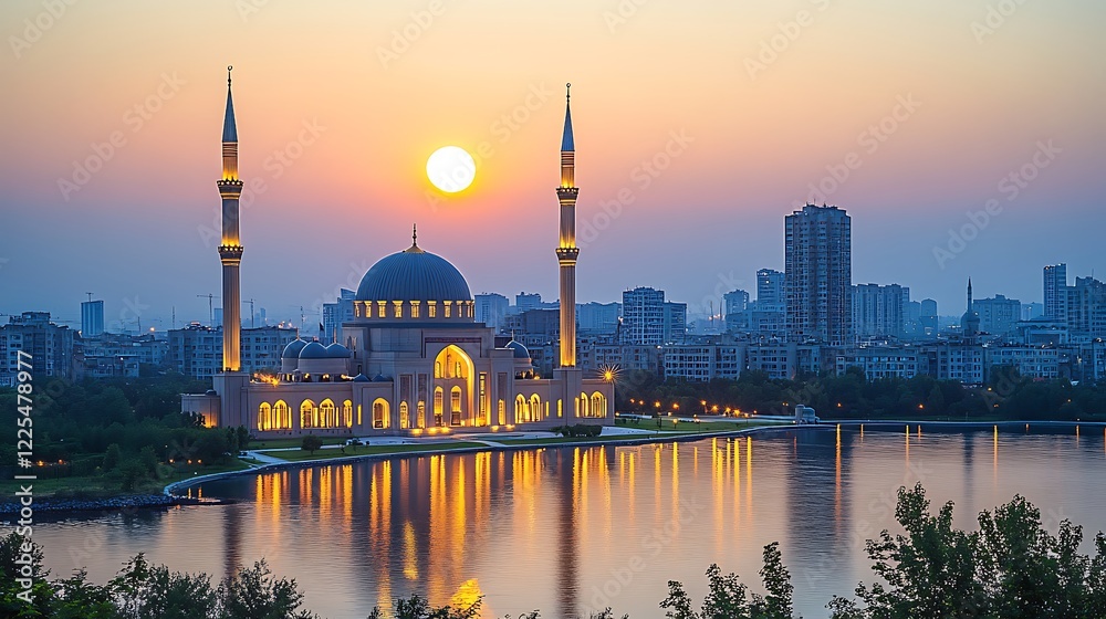 Fototapeta premium Illuminated Mosque Sunset Cityscape Peaceful Scene