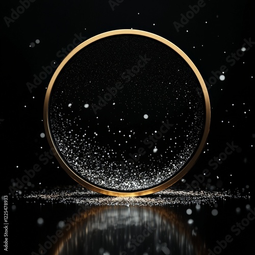 Elegant black and gold podium with sparkling accents on a dark background. Ideal for luxury product promotions.