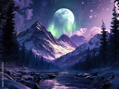 majestic aurora borealis dancing across snow-capped peaks, ethereal green and purple lights illuminating pristine wilderness, stars twinkling above, dramatic moonlit landscape photo