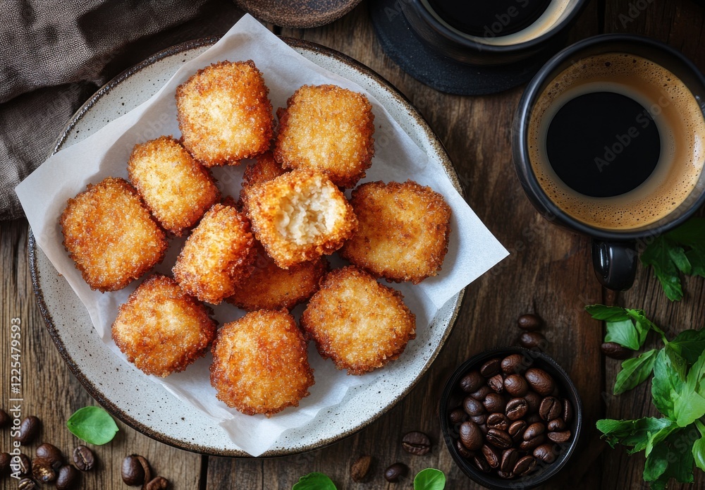 Crispy Fried Snacks on Plate with Coffee and Coffee Beans Decor Crispy Fried Snacks on Plate with Coffee and Coffee Beans Decor
