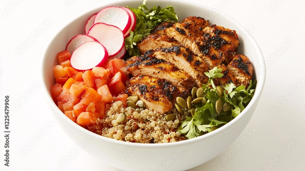 Fototapeta premium Healthy Grilled Chicken Salad with Fresh Vegetables and Quinoa