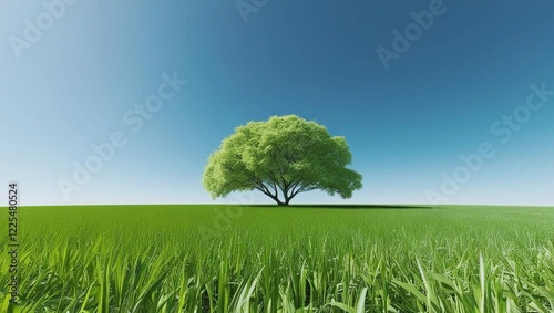 greenfield with a single tree under blue sky