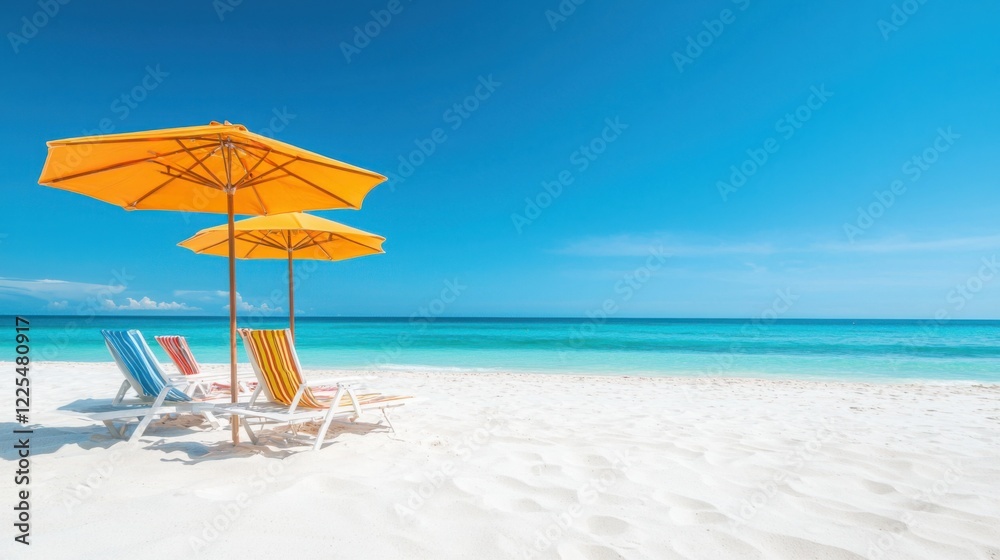A serene beach scene featuring colorful lounge chairs under bright yellow umbrellas, with clear blue skies and turquoise waters. A serene beach scene featuring colorful lounge chairs under bright yellow umbrellas, with clear blue skies and turquoise waters.