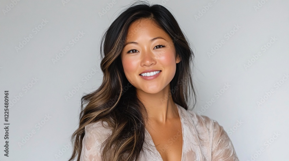 Obraz premium Cheerful Woman with Long Hair Smiling Against a Neutral Background