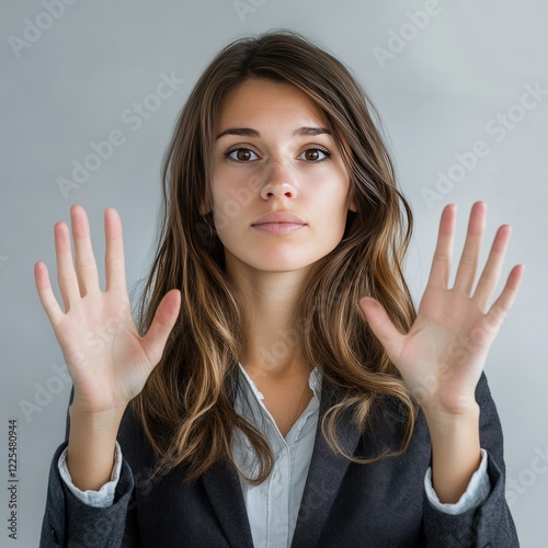Professional Woman Expressing Firm Boundaries with Serious Stop