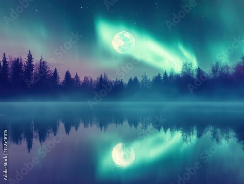misty lake reflection of super moon with aurora borealis dancing across starlit sky, ethereal purple and teal colors