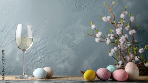Easter-themed decor with wine glass and eggs on table, space for text.