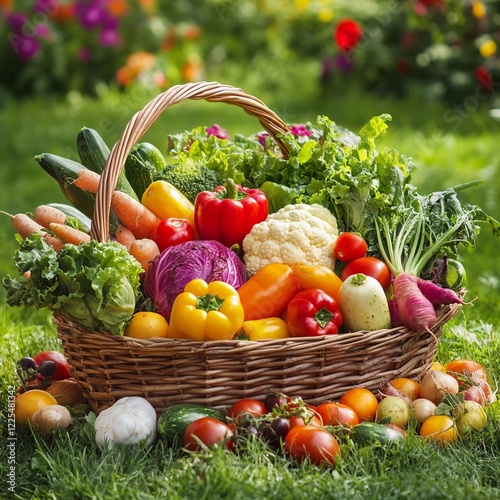 Colorful harvest basket filled with fresh vegetables in a sunny garden setting during late summer