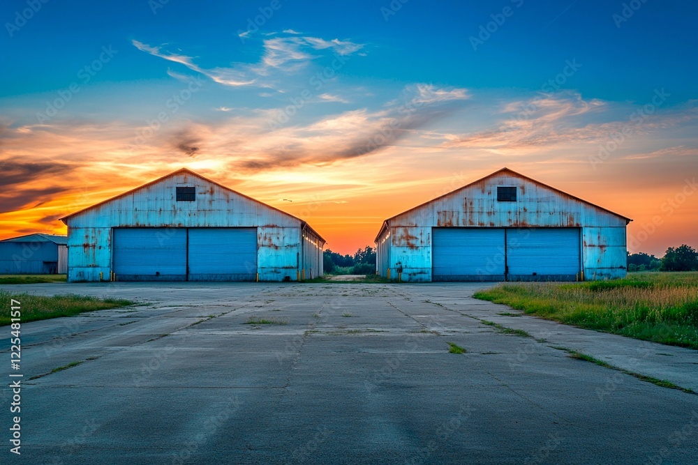 Obraz premium Two rustic barns stand silently under a breathtaking twilight sky in the quiet countryside