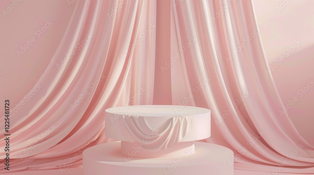 Empty geometric podium with draped fabric on pink background for product, cosmetic, and perfume display