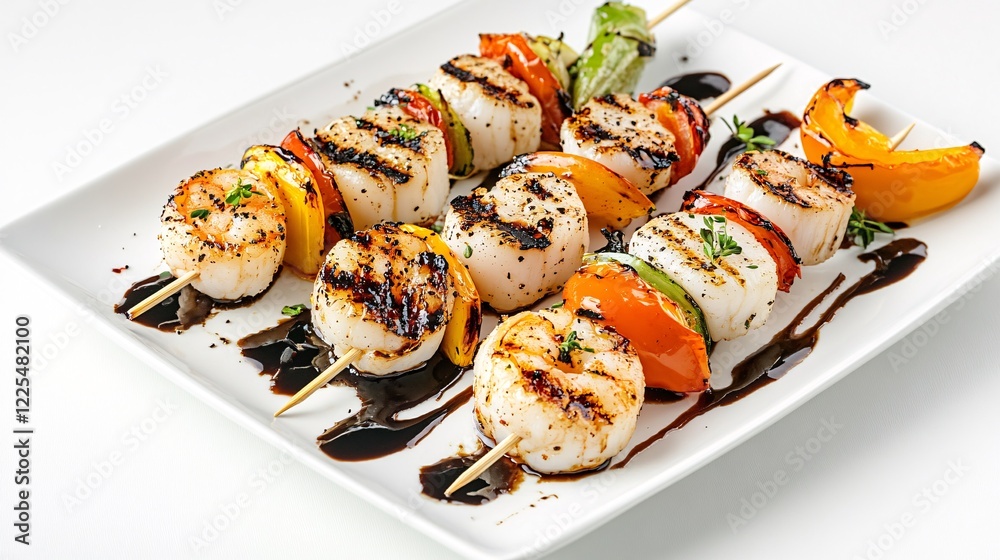 Grilled Shrimp Skewers with Colorful Bell Pepper and Balsamic Glaze Grilled Shrimp Skewers with Colorful Bell Pepper and Balsamic Glaze