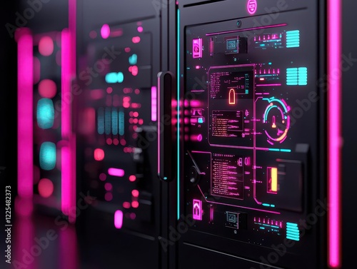 Advanced cloud server room filled with holographic biometric locks, futuristic technology, and vibrant neon colors