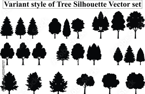 A variant style of tree silhouette vector set. Forest tree icon flat black color illustration. Isolated on a white background.