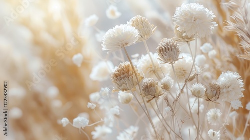 Fluffy dried beige flowers and white fluff buds on light blurred background, close-up