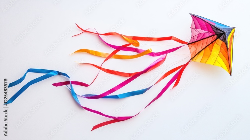 Fototapeta premium Colorful Kite with Ribbons on White Background