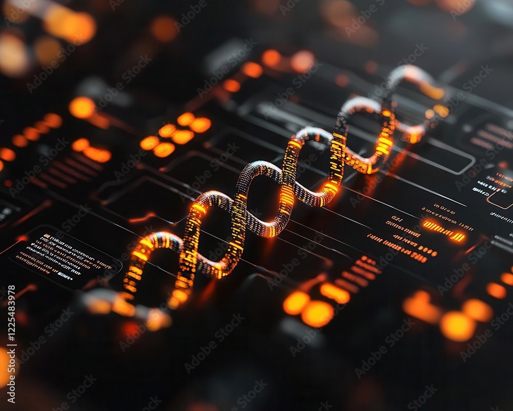 Obraz premium A secure biodata hub represented by holographic DNA strands and glowing lock symbols in a cloud network