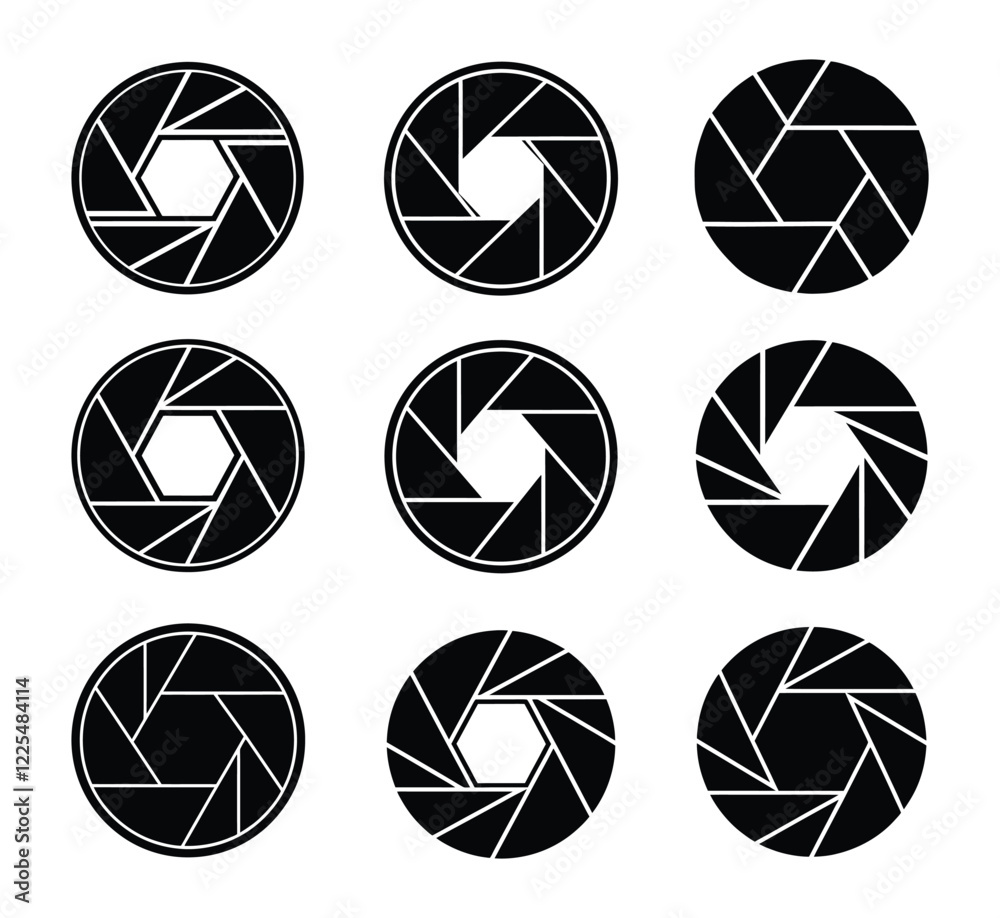 Camera aperture icons set. Camera lens diaphragm row with aperture. vector illustration Camera aperture icons set. Camera lens diaphragm row with aperture. vector illustration