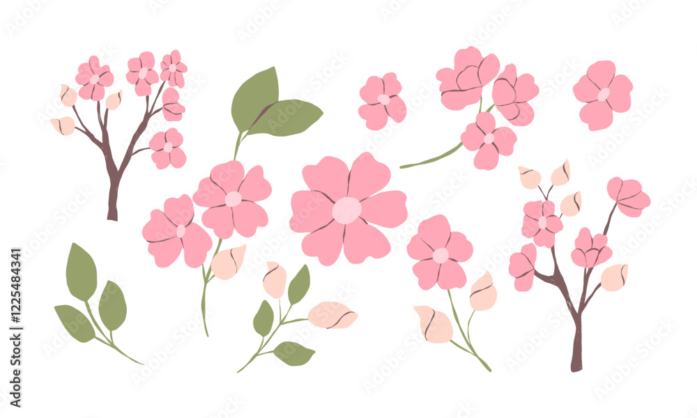 Sakura flower. Set of hand-drawn cherry blossom stickers Sakura flower. Set of hand-drawn cherry blossom stickers
