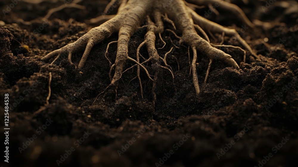 Fototapeta premium A close-up view of a fibrous root system emerging from rich soil
