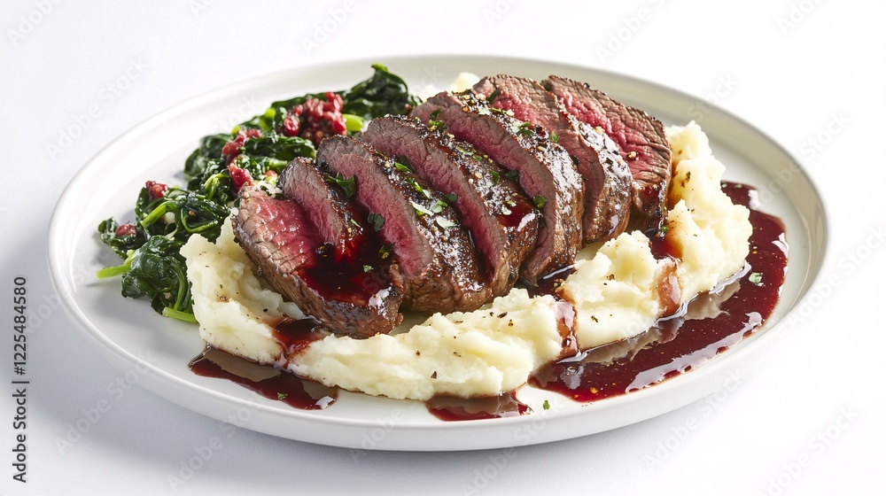 Deliciously Prepared Beef Steak Served with Mashed Potatoes and Greens Deliciously Prepared Beef Steak Served with Mashed Potatoes and Greens