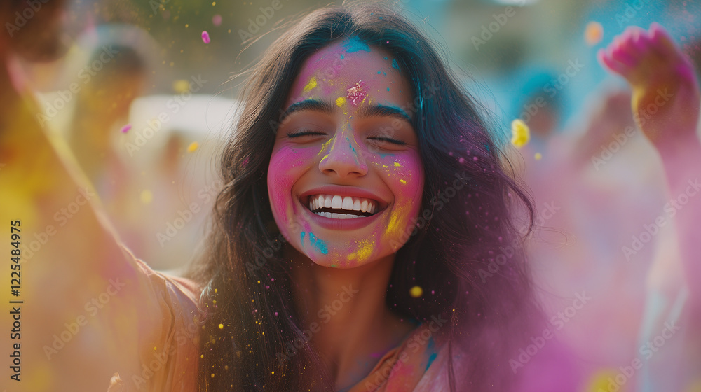 Obraz premium Joyful Indian Woman Celebrating Holi Festival with Vibrant Colors