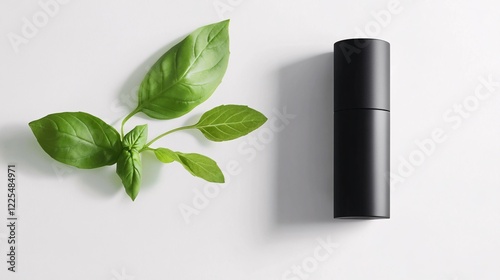 Minimalistic Composition with Black Container and Fresh Green Leaves