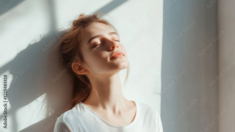 Woman taking deep breath bright room clean background copy space Woman taking deep breath bright room clean background copy space