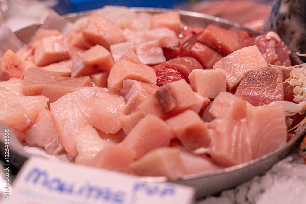 Freshly sliced fish pieces in a metal bowl resting on crushed ice at a seafood market counter, showcasing healthy food choices and sustainable living Freshly sliced fish pieces in a metal bowl resting on crushed ice at a seafood market counter, showcasing healthy food choices and sustainable living