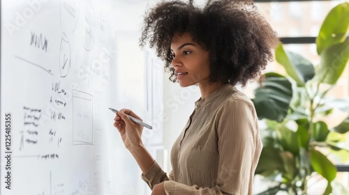 Woman writing on whiteboard modern office clean layout  copy space
