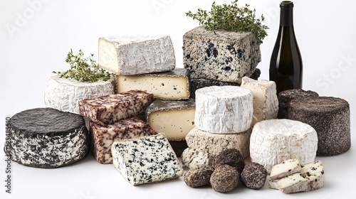 Artisanal Cheese Collection with Wine Bottle and Fresh Herbs Display