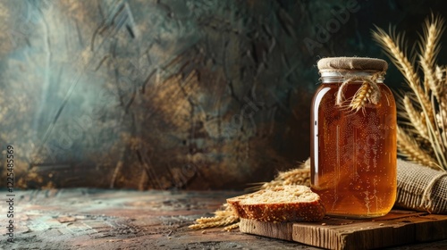 Large jar brewing kvass, with bread and drink on the table. Plenty of empty space. photo