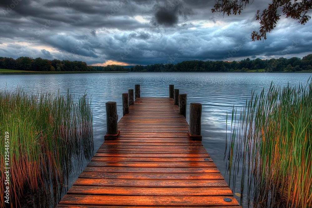 Naklejka premium Serenity at twilight by the calm waters under dramatic stormy skies