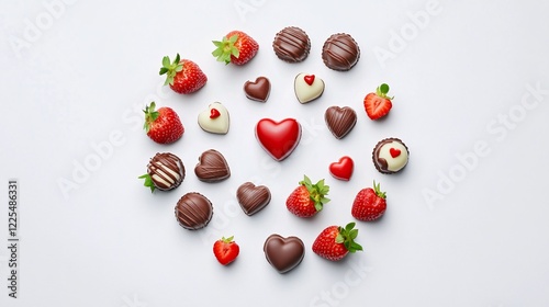 Romantic Arrangement of Chocolate and Strawberries on White Background