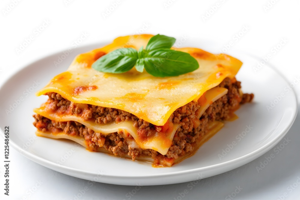Baked lasagna slice on a plate with layers of pasta meat and cheese served for a meal isolated on a white background Baked lasagna slice on a plate with layers of pasta meat and cheese served for a meal isolated on a white background