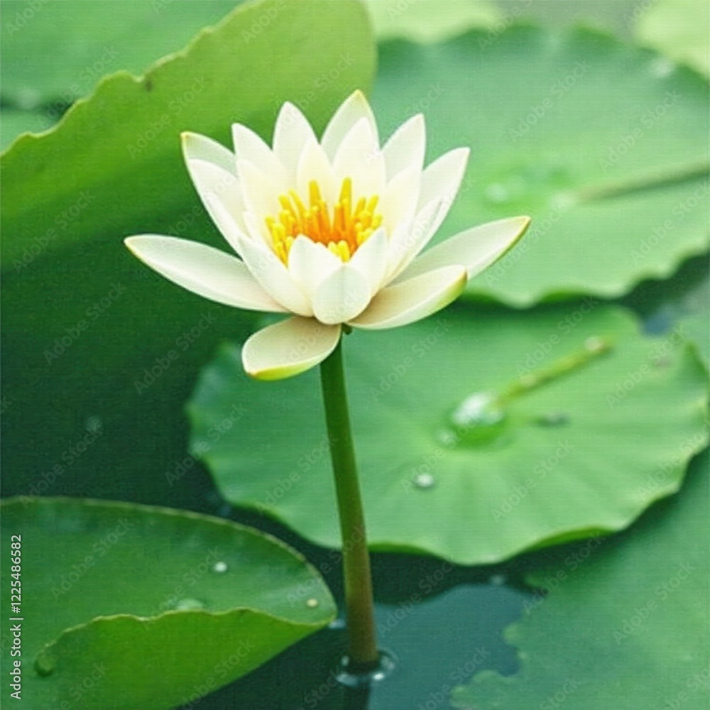 Watercolour water lily with small green stems, natural, green, soft Watercolour water lily with small green stems, natural, green, soft