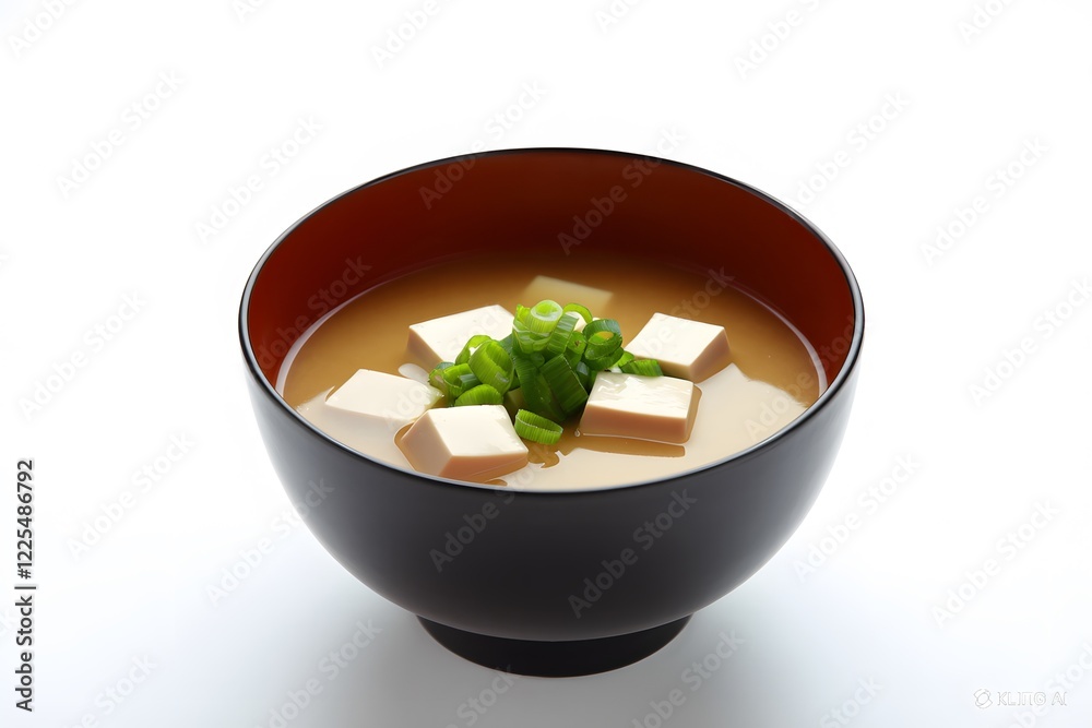 Bowl of miso soup garnished with tofu cubes and green onions on a wooden table isolated on a white background Bowl of miso soup garnished with tofu cubes and green onions on a wooden table isolated on a white background