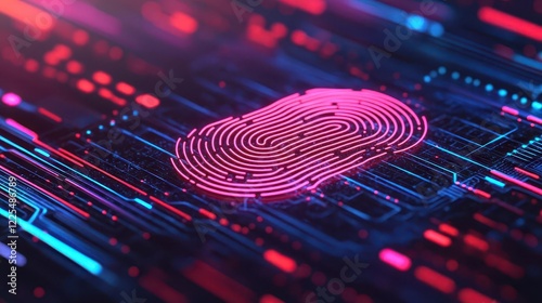 Fingerprint scanning hologram overlaying a secure cloud server, vibrant neon light, cyberbio security innovation photo