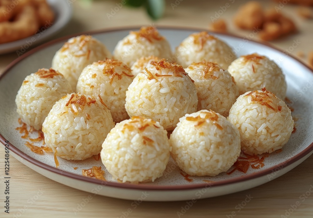 Delicious Coconut Rice Balls on a Plate with Crispy Toppings Delicious Coconut Rice Balls on a Plate with Crispy Toppings