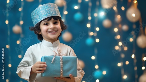 Happy Boy Holding Gift Festive Lights Background photo