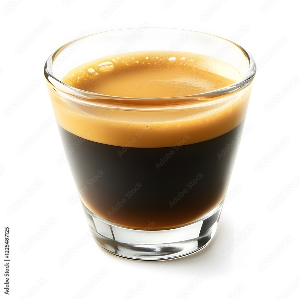 Glass filled with coffee on white background with cup of espresso and crema on top Glass filled with coffee on white background with cup of espresso and crema on top