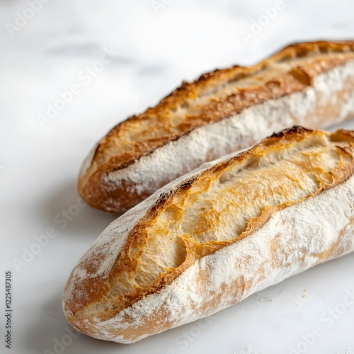Two loaves of bread on a white surface including a long crusty baguette and a soft roll isolated on a white background