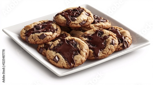 Freshly Baked Cookies on a White Plate with Melted Chocolate Drizzle