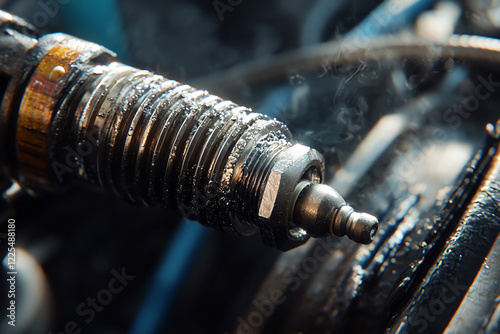 Close-up of a diesel fuel injector with steam rising, showcasing intricate details and mechanical components