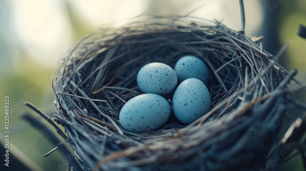 Blue speckled bird eggs nestled in a twig nest Blue speckled bird eggs nestled in a twig nest