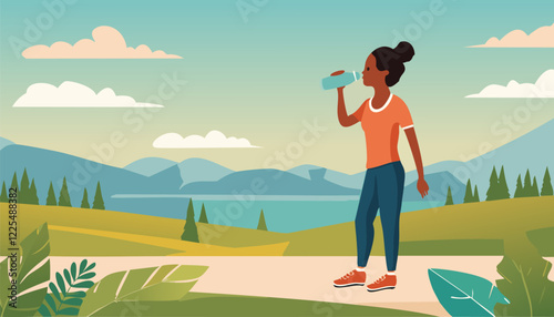 Vector illustration of a woman elegantly drinking water outdoors while walking or running
