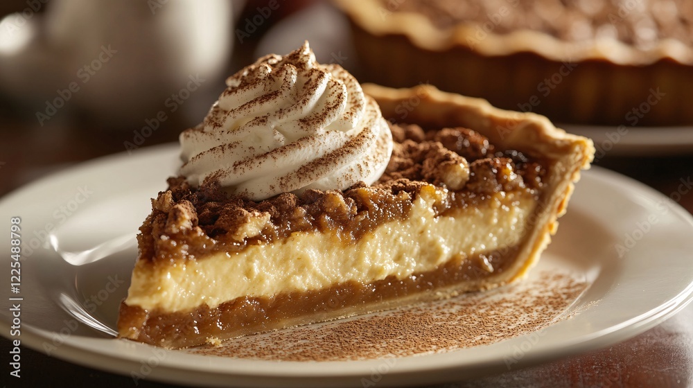 Creamy Pumpkin Pie Slice with Whipped Cream and Cinnamon Dusting Creamy Pumpkin Pie Slice with Whipped Cream and Cinnamon Dusting