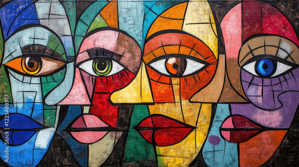 Cubist faces mural art, city street, diverse expressions, gallery display Cubist faces mural art, city street, diverse expressions, gallery display