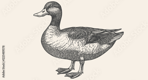 Duck, mallard sketch. Vintage retro print, black white Duck, mallard drake drawing, engrave old school style. Sketch artwork silhouette duck, mallard drake on white background. Vector Illustration